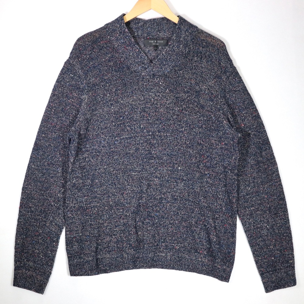 Rag & Bone Sweater Mens L Navy Marl Cotton Linen Shawl Collar Casual Pullover